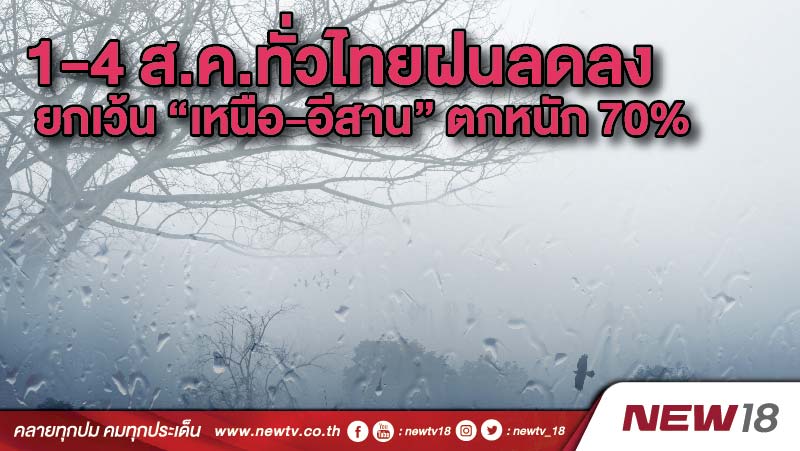 1-4 ส.ค.ทั่วไทยฝนลดลง  ยกเว้น “เหนือ-อีสาน” ตกหนัก 70%