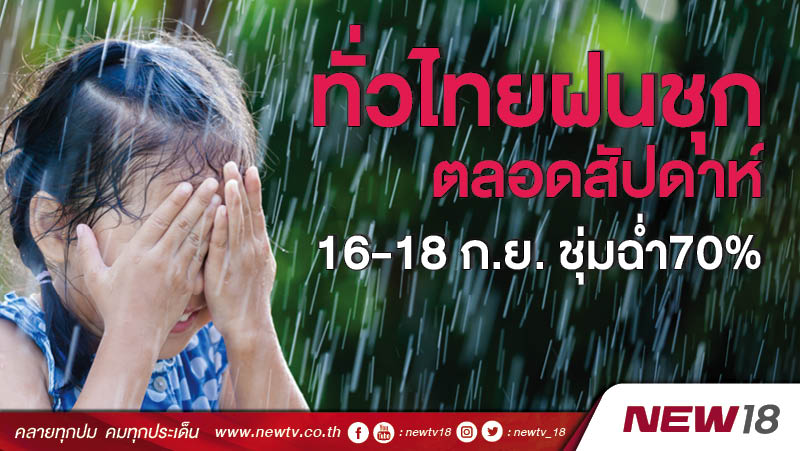 ทั่วไทยฝนชุกตลอดสัปดาห์ 16-18 ก.ย. ชุ่มฉ่ำ 70%