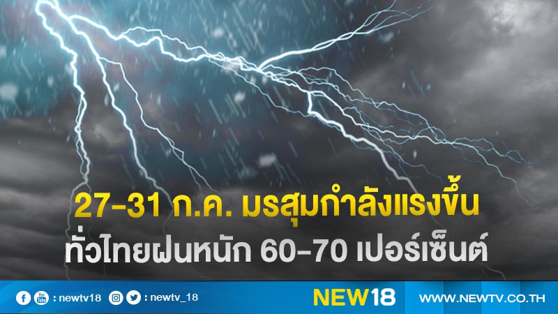 27-31 ก.ค. มรสุมกำลังแรงขึ้น ทั่วไทยฝนหนัก 60-70 เปอร์เซ็นต์